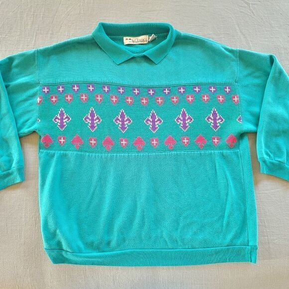 The Classics by Lauren Brooks 38 18W teal collared pullover sweater 80's vintage - Picture 3 of 7